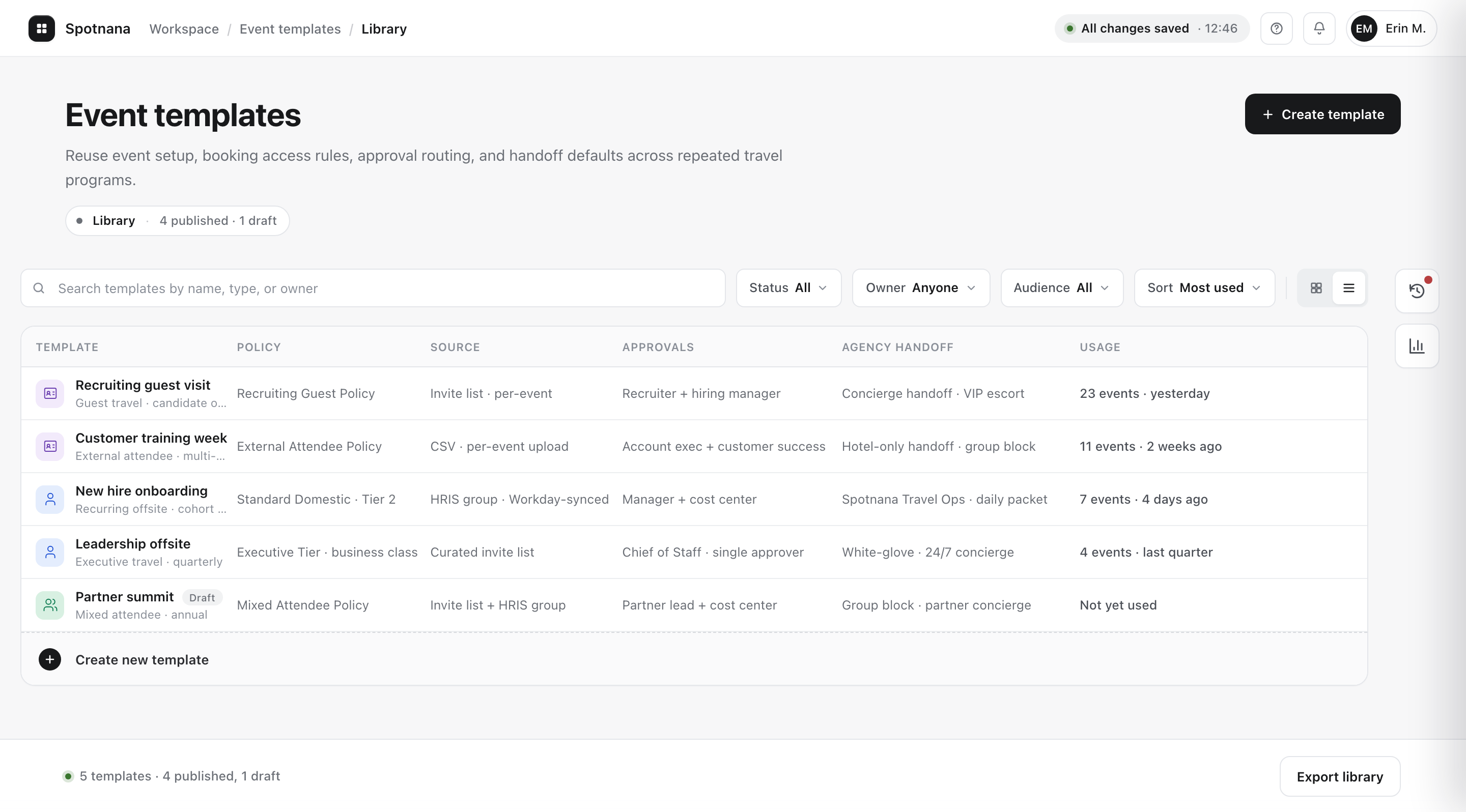 The same template library in list/compare mode — a full-width table with a column per baseline fact.