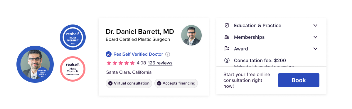Redesigned provider-identity and consultation modules: RealSelf Most Worth It award badges, a doctor identity card with verified status, a 4.98 rating and 126 reviews, Virtual consultation and Accepts financing chips, and an Education / Memberships / Award panel with a $200 consultation fee and a prominent Book action.